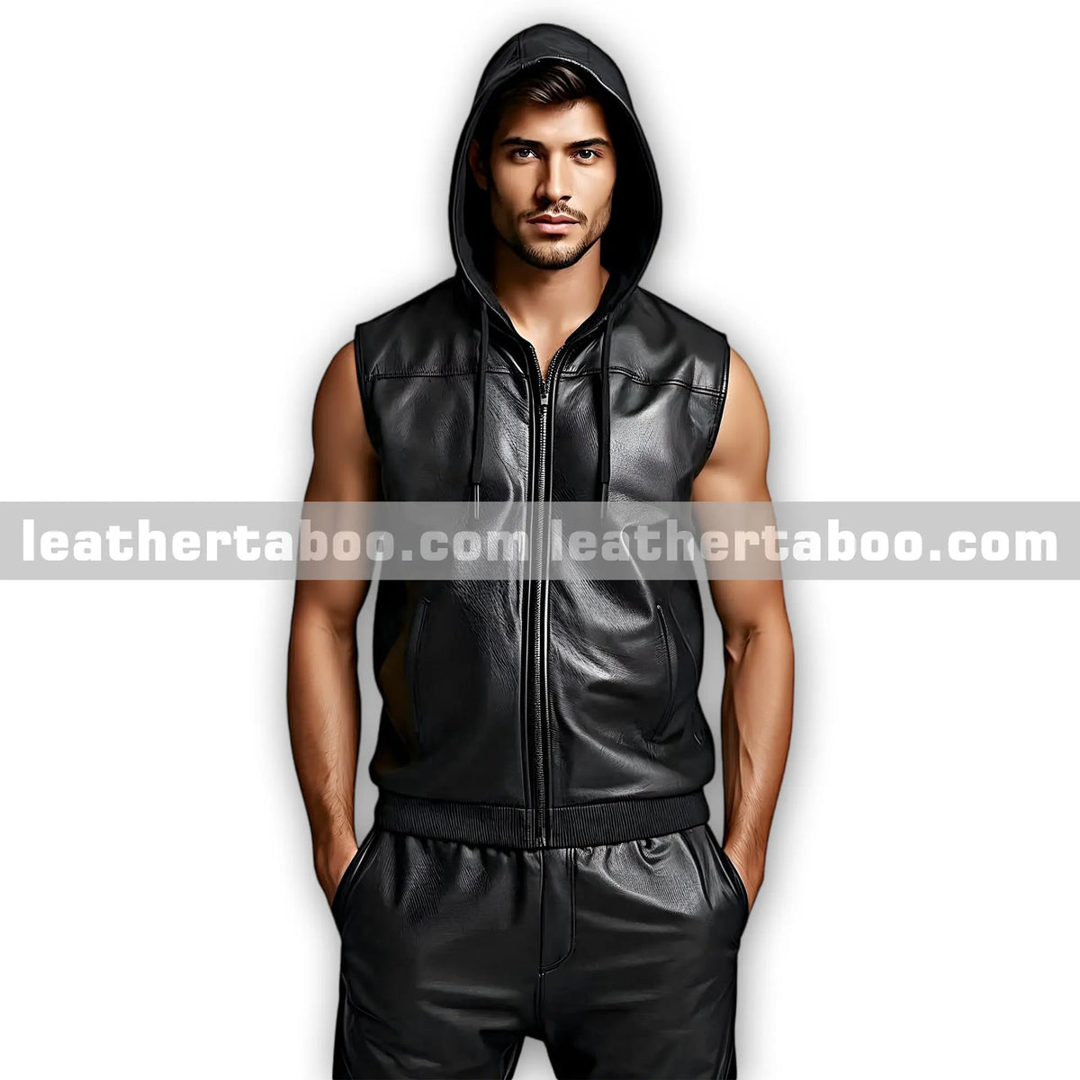Men-s-Leather-Sleeveless-Zip-Hoodie-and-Pants-Stylish-Black-Sheepskin-Tracksuit-Outfit leather taboo