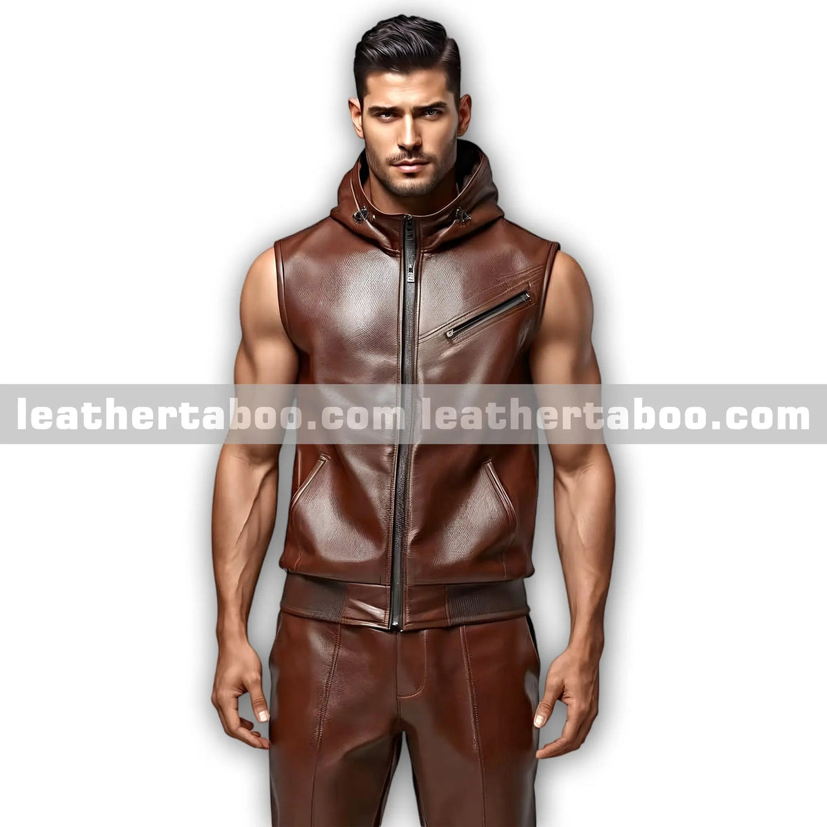 Men-s-Brown-Leather-Sleeveless-Hoodie-and-Jogger-Pants-Premium-Sheepskin-Tracksuit-Outfit leather taboo