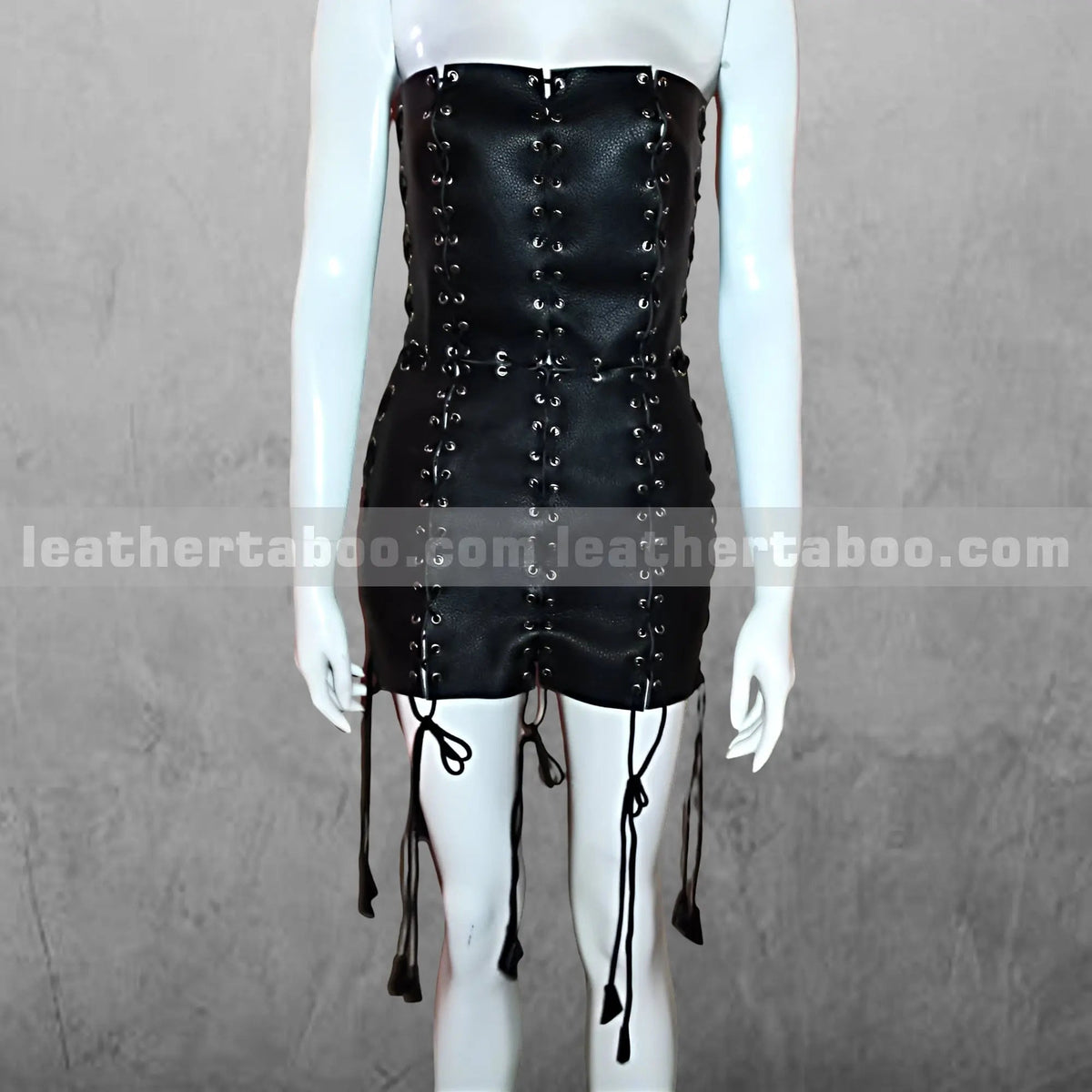 Black-Leather-Lace-Up-Mini-Dress-Strapless-Gothic-Corset-Bodycon-Dress-for-Women-Handmade-Clubwear-Outfit leather taboo