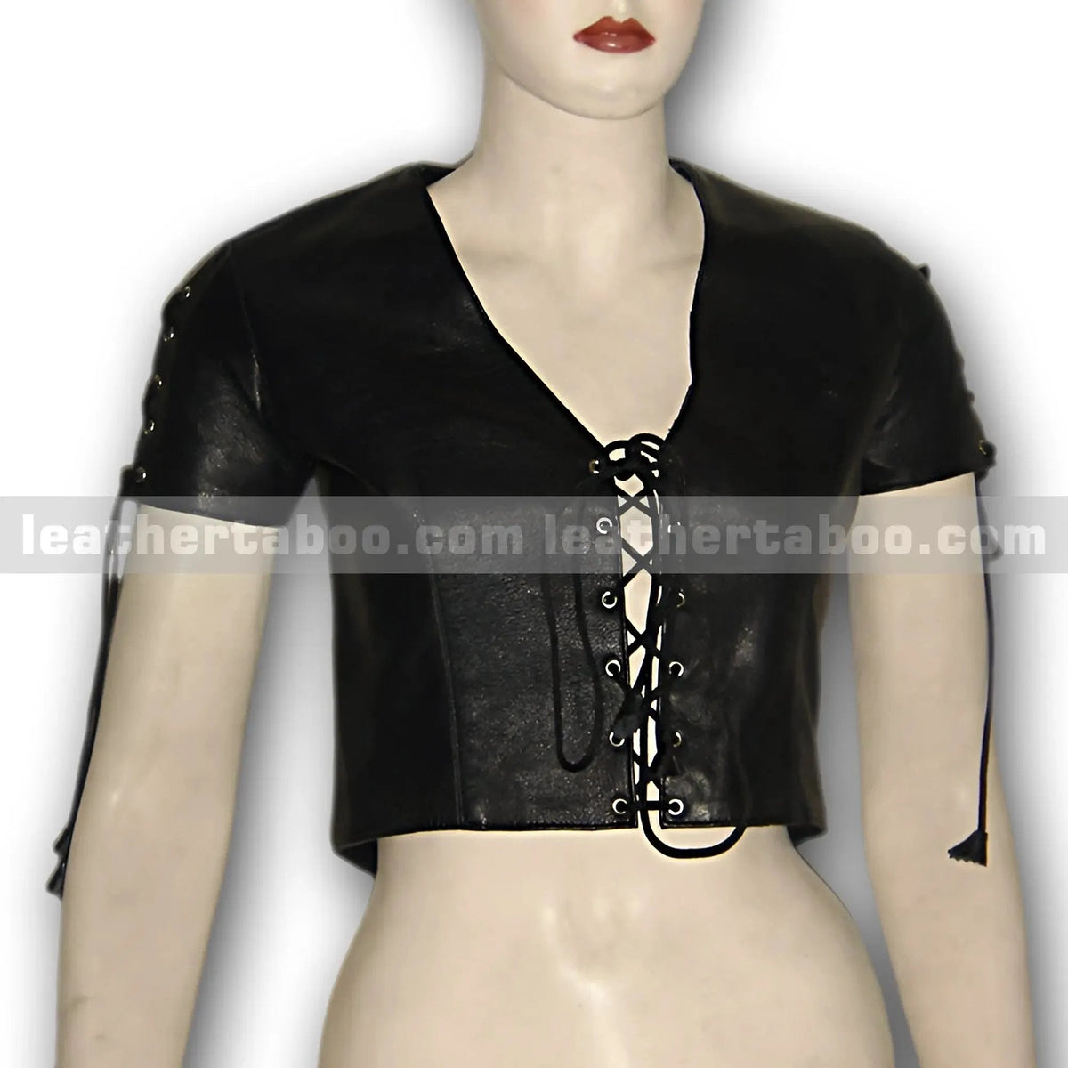 Women's Black Lace-Up Sheepskin Leather Crop Top – Short Sleeve V-Neck Corset Style - Leather taboo