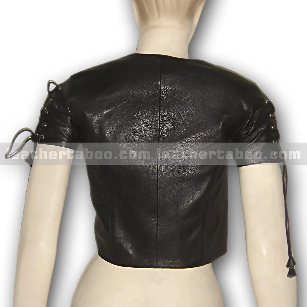 Women's Black Lace-Up Sheepskin Leather Crop Top – Short Sleeve V-Neck Corset Style - Leather taboo
