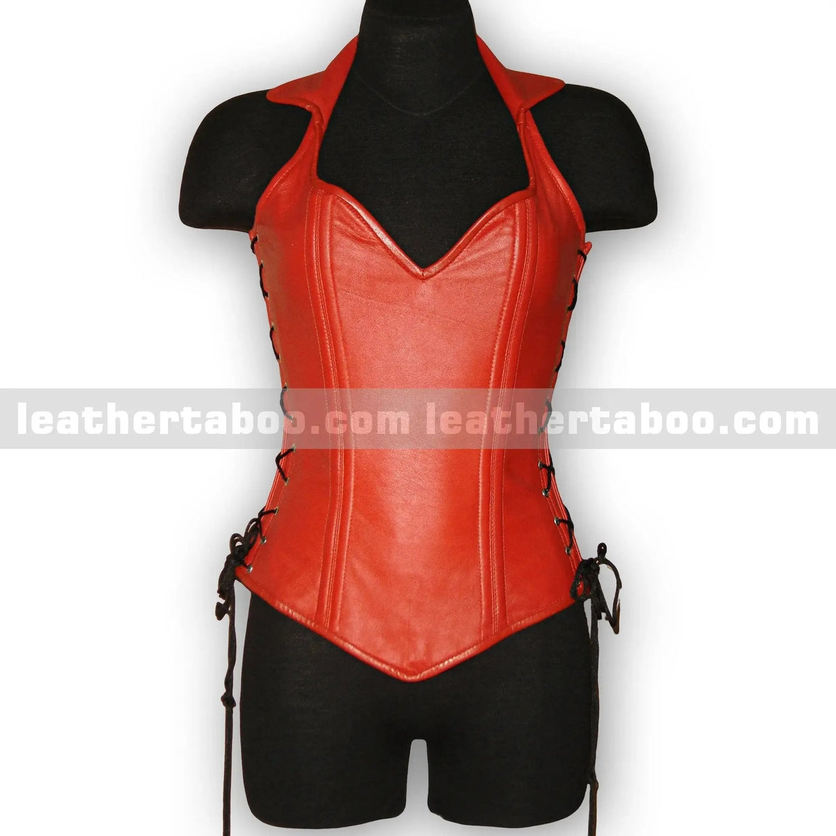Premium Sheepskin Leather Corset Top for Women – Red Halter Neck with Side Lacing - Leather taboo