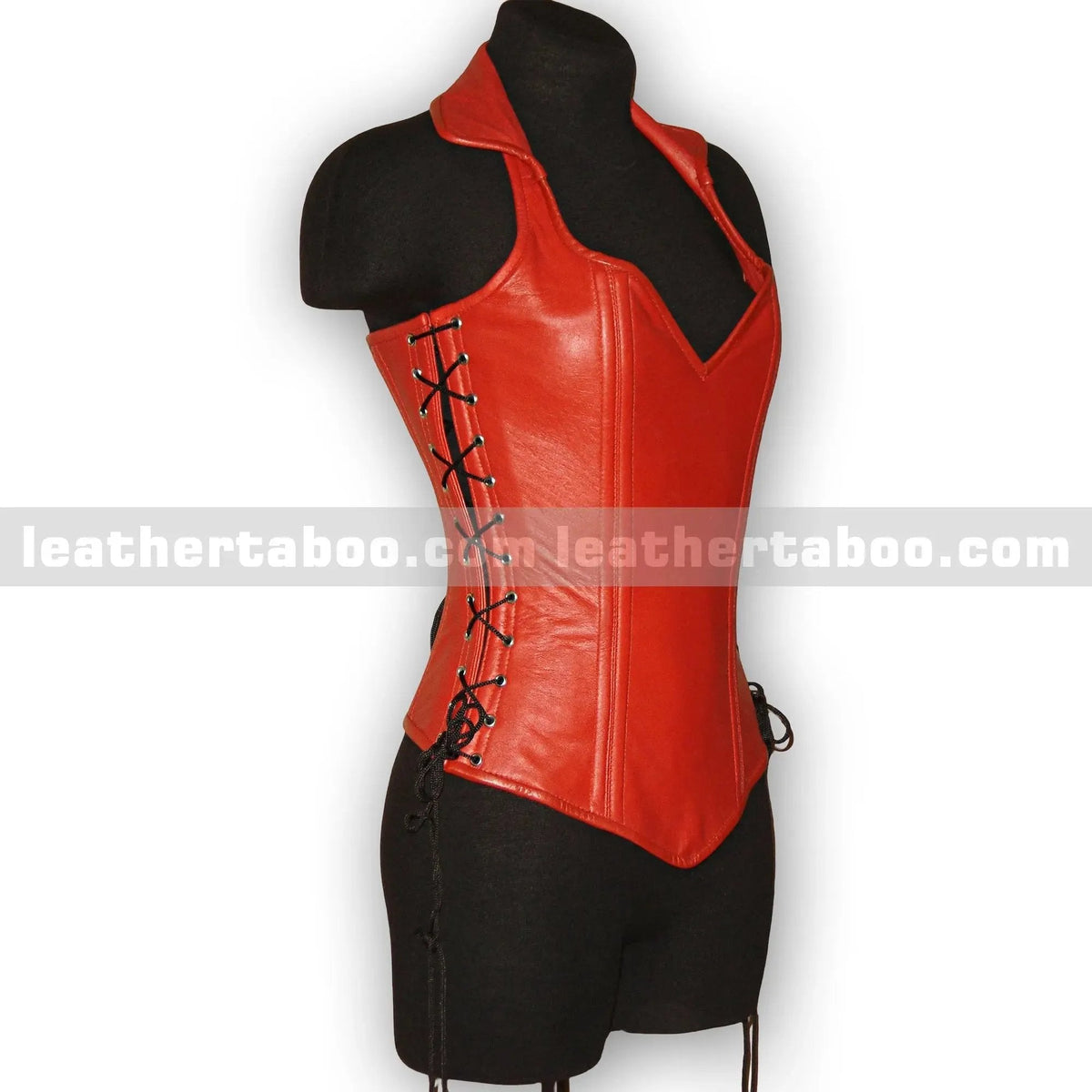 Premium Sheepskin Leather Corset Top for Women – Red Halter Neck with Side Lacing - Leather taboo