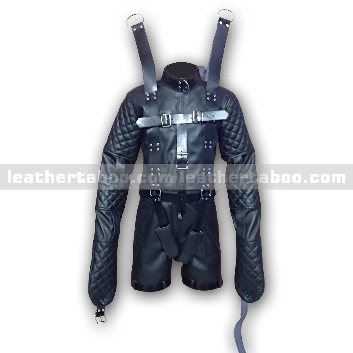 Men's Premium Cowhide Leather Restraint Suit with Quilted Sleeves and Adjustable Straps - Leather taboo