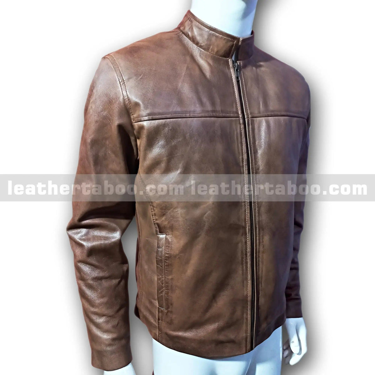 Men's Brown Cowhide Leather Zip-Up Jacket | Classic Stand Collar Design - Leather taboo
