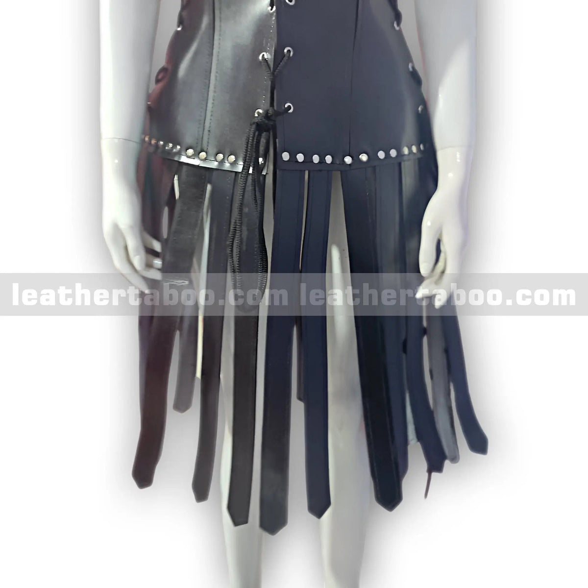 Women’s Black Leather Lace-Up Dress – Gladiator Style with Fringe Skirt - Leather taboo