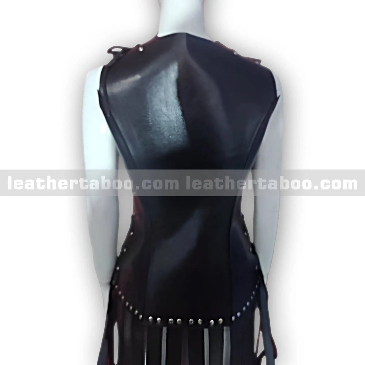 Women’s Black Leather Lace-Up Dress – Gladiator Style with Fringe Skirt - Leather taboo