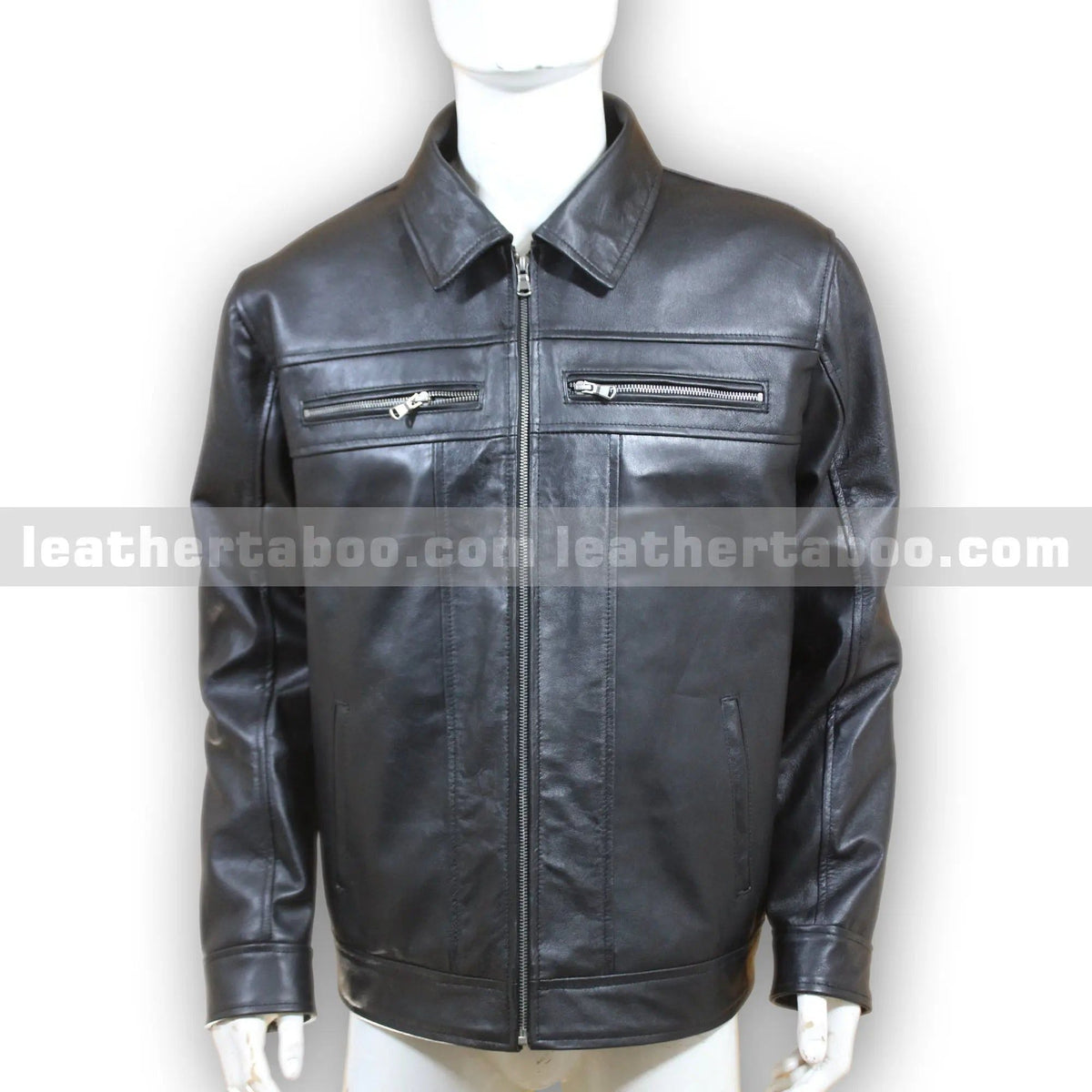 Men's Black Cowhide Leather Zip-Up Jacket with Chest Pockets - Leather taboo