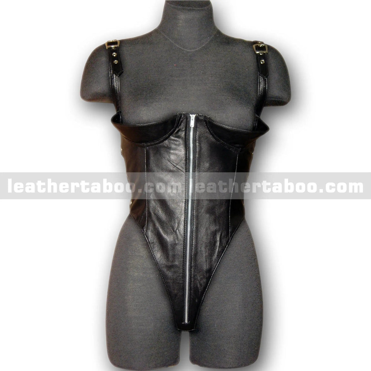 Women's Black Sheepskin Leather Bodysuit with Zipper Front and Adjustable Straps - Leather taboo