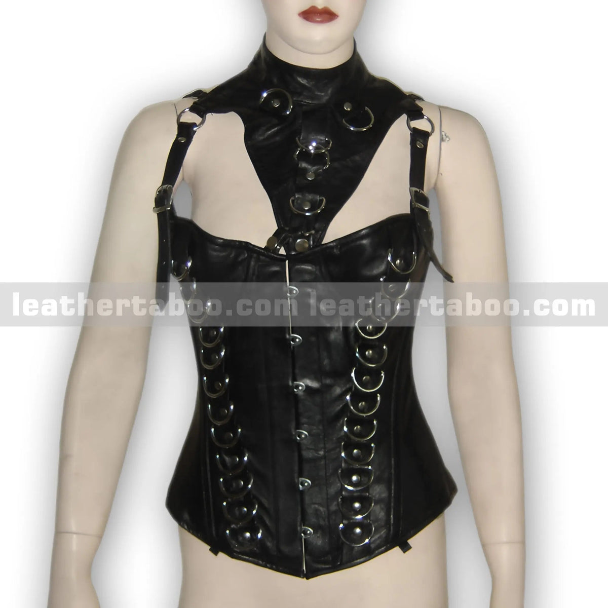 Women’s Black Leather Corset Top with Buckle Straps & D-Ring Details | Gothic Punk Inspired Fashion - Leather taboo