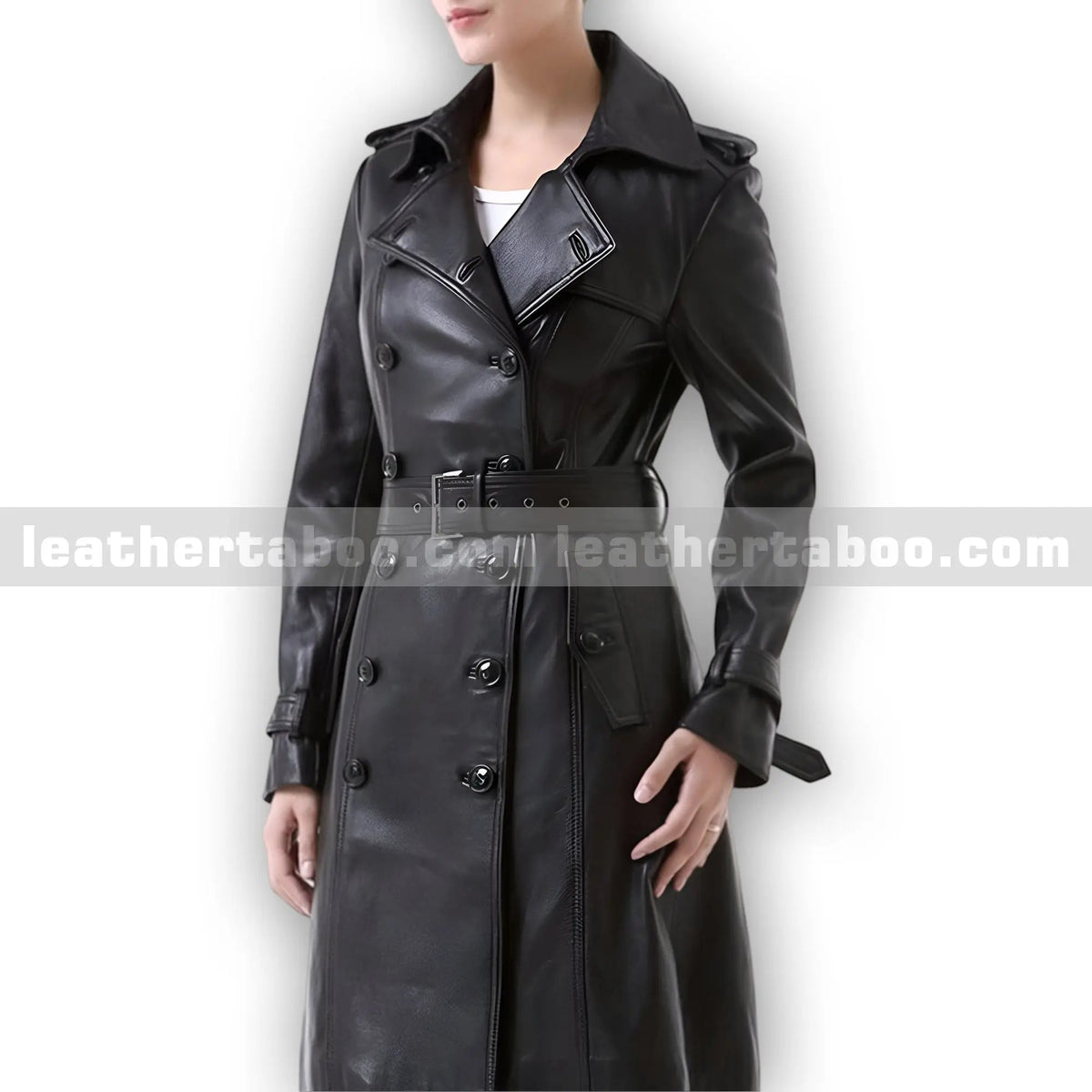 Women's Black Sheepskin Leather Trench Coat – Long Double Breasted Belted Jacket – Elegant Winter Outerwear with Classic Lapels - Leather taboo