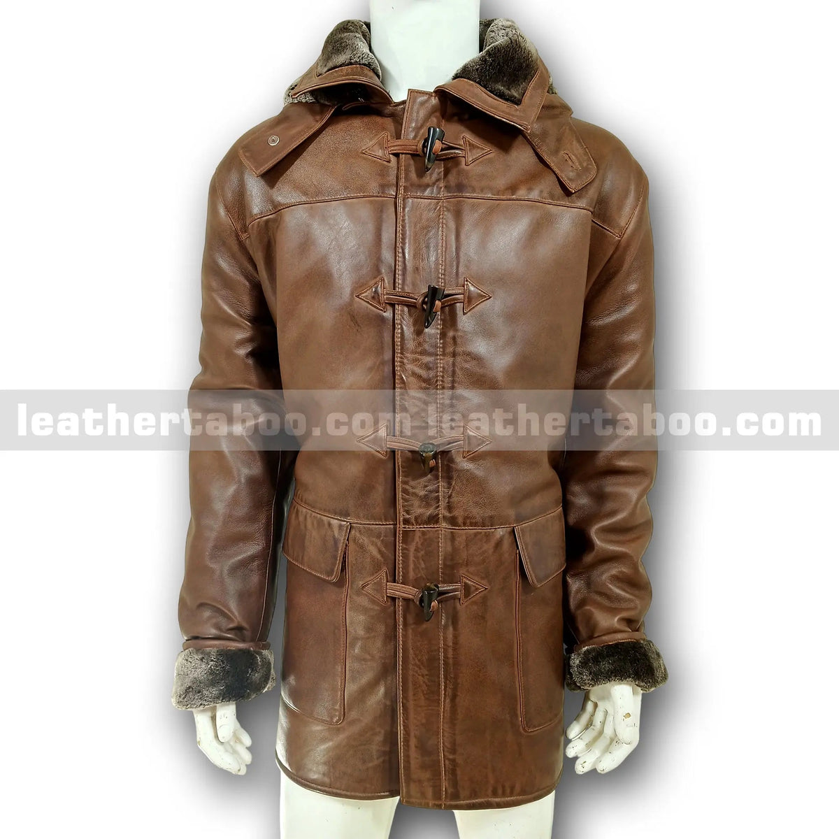 Men’s Premium Sheepskin Leather Coat with Faux Shearling Lined Detachable Hood – Winter Brown Toggle Jacket with Deep Pockets - Leather taboo