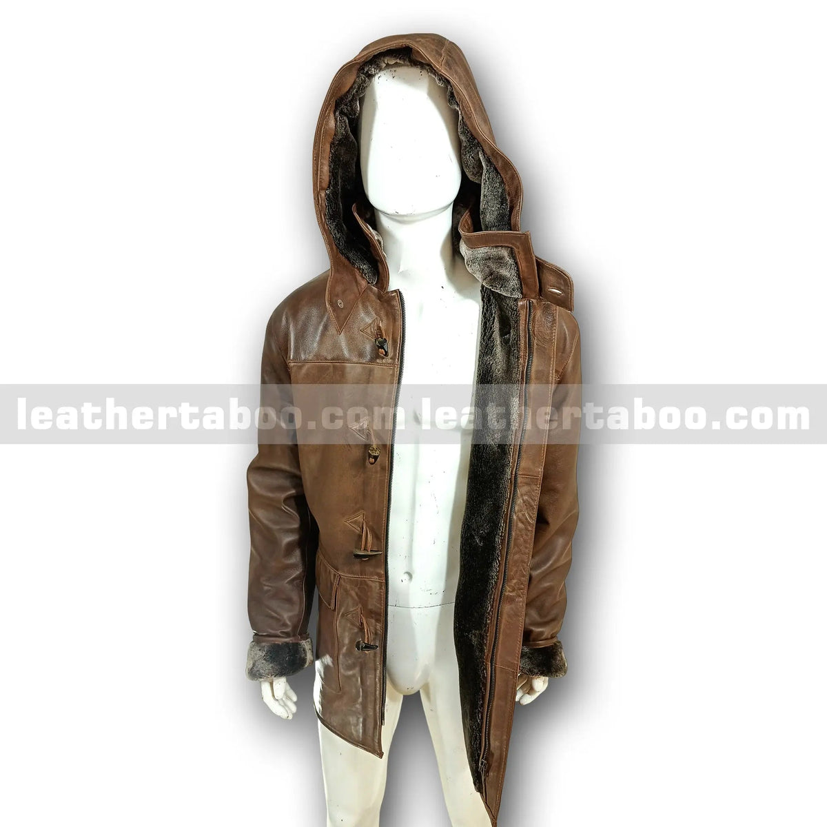 Men’s Premium Sheepskin Leather Coat with Faux Shearling Lined Detachable Hood – Winter Brown Toggle Jacket with Deep Pockets - Leather taboo