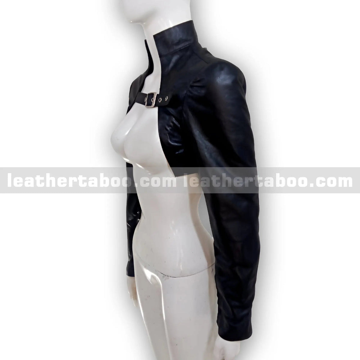 Women’s Premium Sheepskin Leather Bolero Shrug Jacket with High Collar and Front Buckle Strap, front view 2