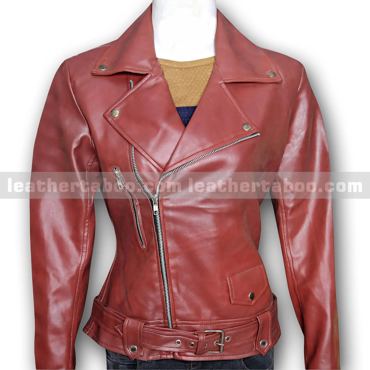 Women’s Camel Brown and Rich burgundy Sheepskin Leather Jacket, back view