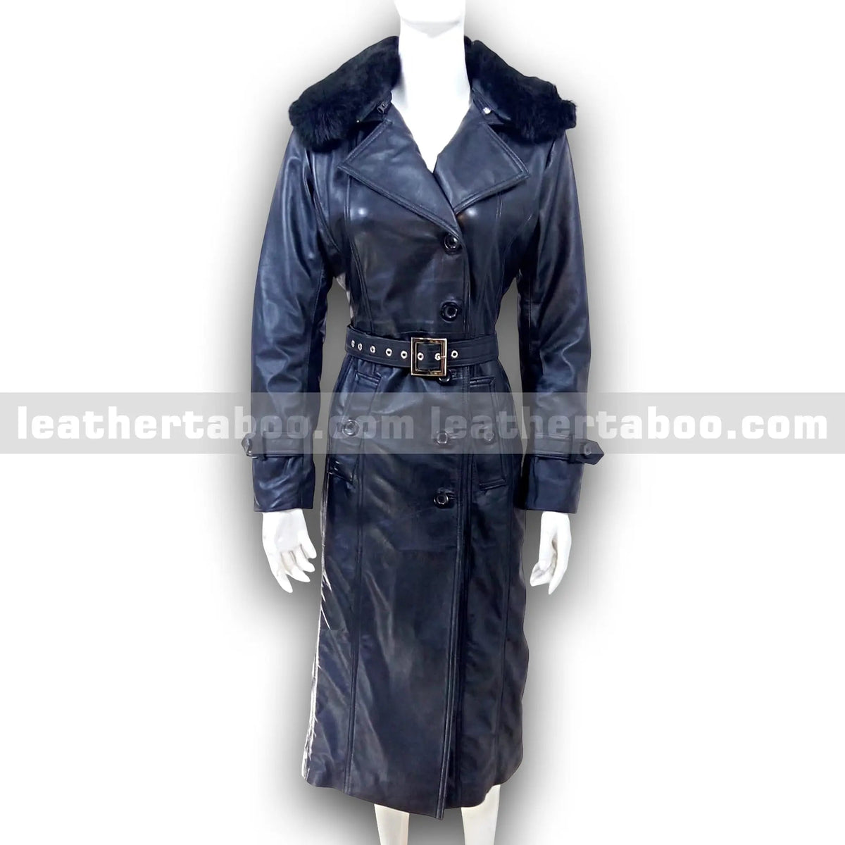 Women's Long Black Sheepskin Leather Trench Coat with Belt & Original Faux Fur Collar | Full-Length Winter Leather Outerwear - Leather taboo
