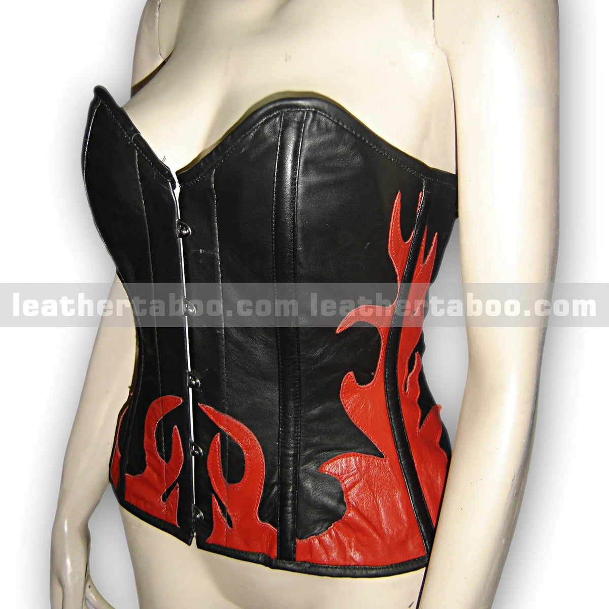 Black & Red Premium Sheepskin Leather Corset Top for Women – Bustier Style with Flame Pattern and Lace-Up Back - Leather taboo