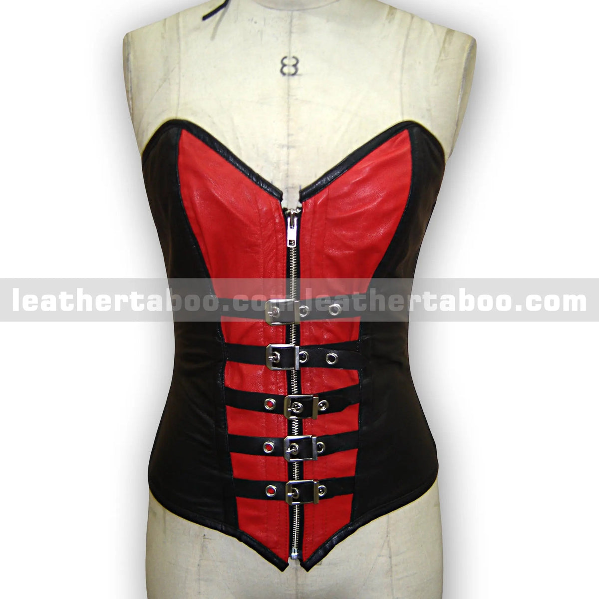 Women's Premium Sheepskin Leather Corset Top – Black and Red with Buckle & Zipper Details - Leather taboo