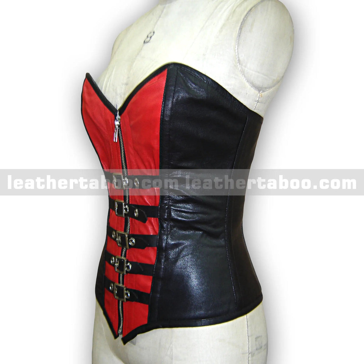 Women's Premium Sheepskin Leather Corset Top – Black and Red with Buckle & Zipper Details - Leather taboo