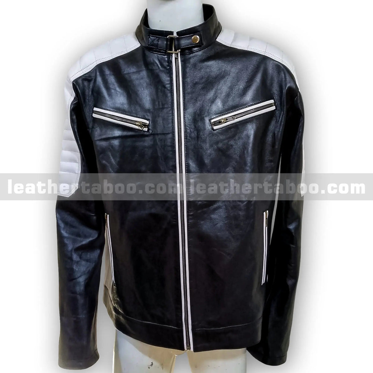 Men's Premium Cowhide Leather Biker Jacket with White Shoulder Panels and Zipper Details – Streetwear Style Outerwear - Leather taboo