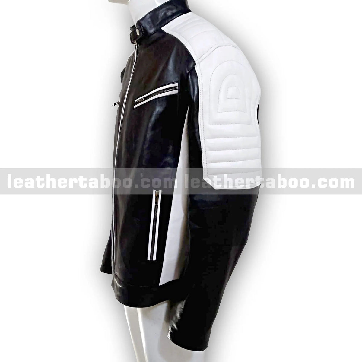 Men's Premium Cowhide Leather Biker Jacket with White Shoulder Panels and Zipper Details – Streetwear Style Outerwear - Leather taboo