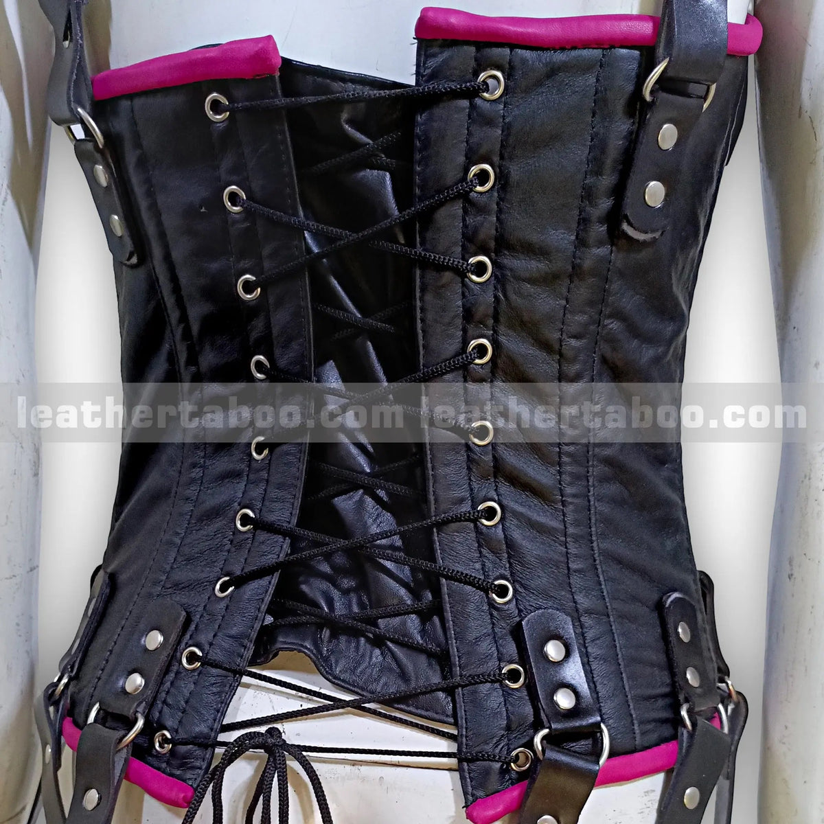 Women's Premium Sheepskin Leather Black Corset Bodysuit with Buckles and Hot Pink Trim – Edgy Streetwear-Inspired Design - Leather taboo