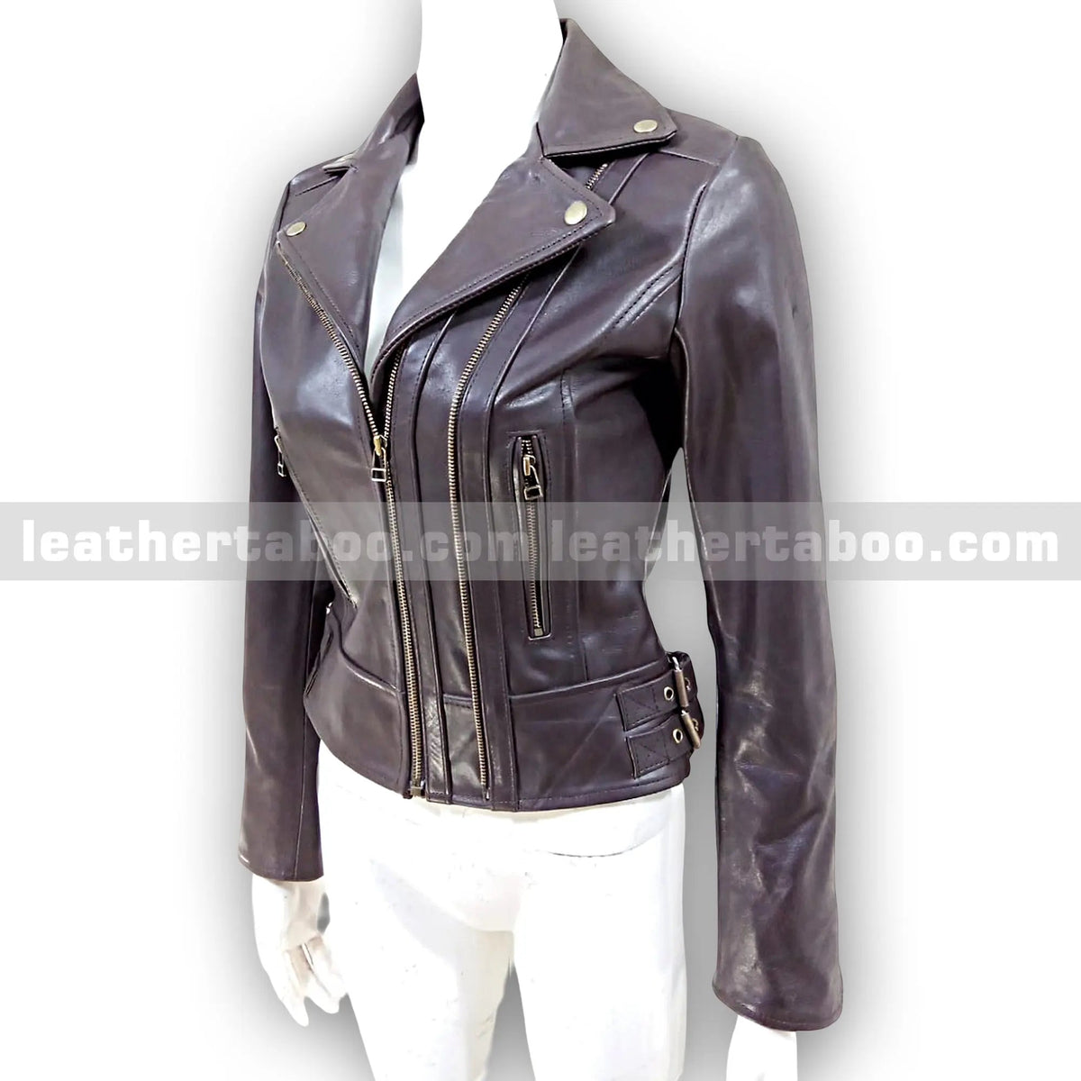 Women's Premium Sheepskin Leather Biker Jacket, side view 2
