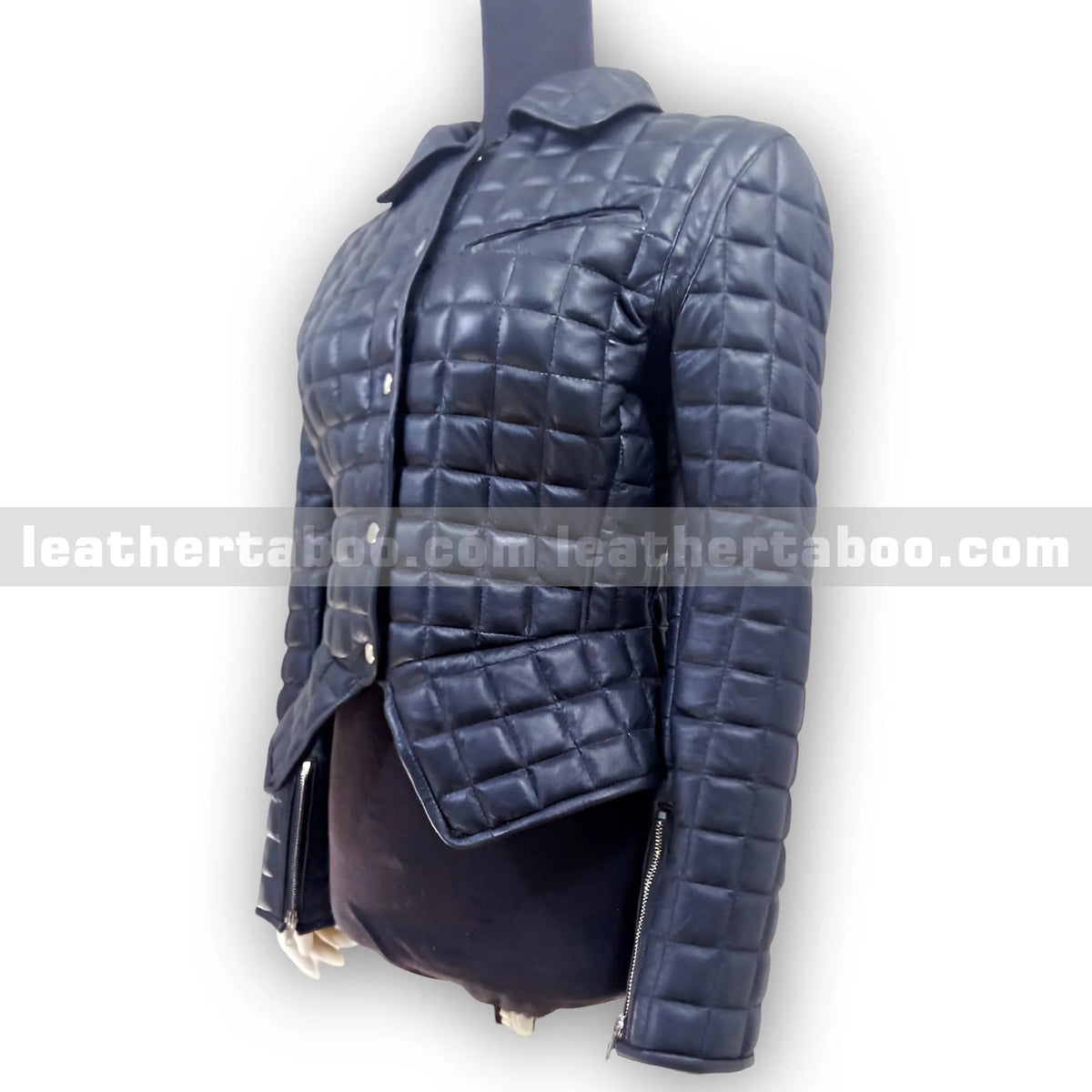 Women's Quilted Black Sheepskin Leather Jacket, detail view 2