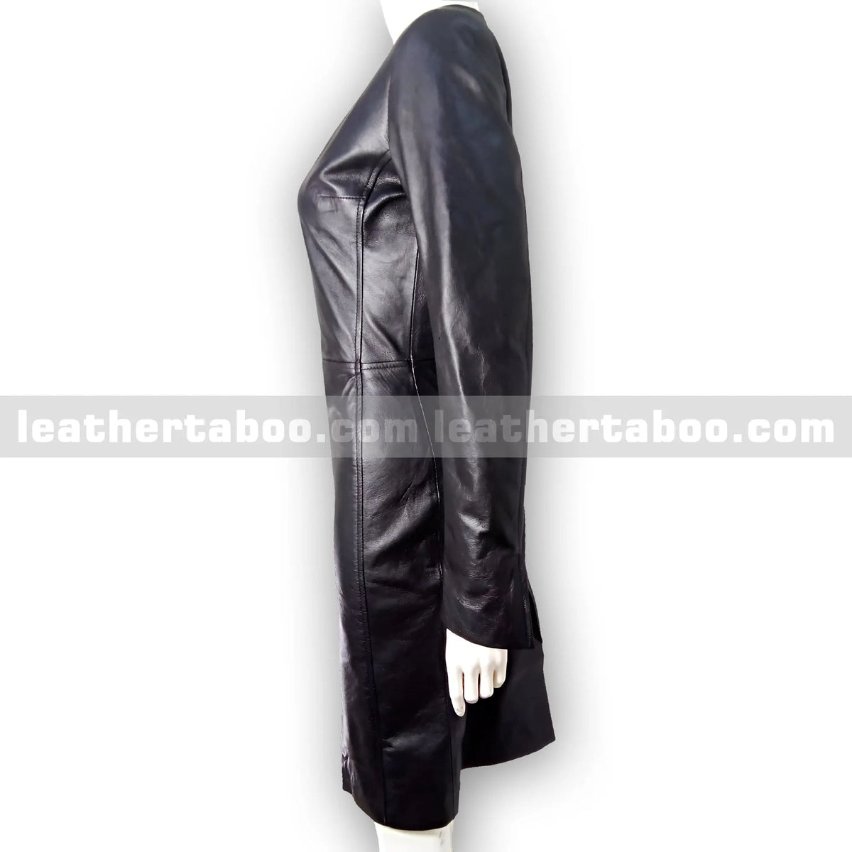 Women's Premium Sheepskin Leather Bodycon Dress – Black Fitted Long Sleeve Dress with V-Neck Detail for Elegant Styling - Leather taboo