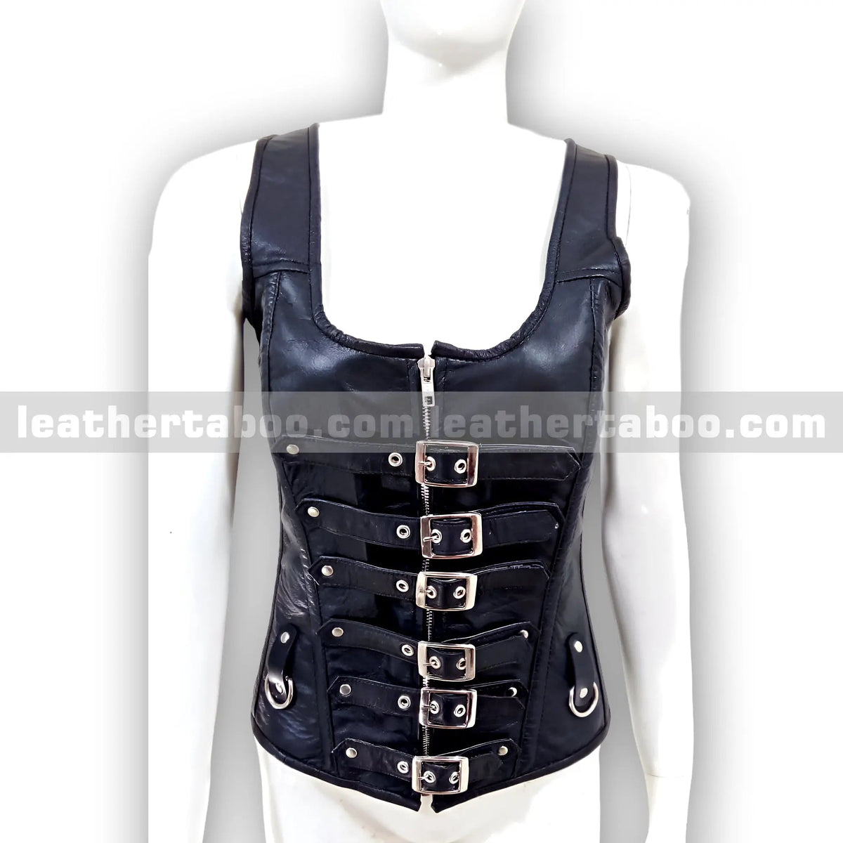 Women's Black Premium Sheepskin Leather Corset Top – Buckled Front with Zip & Adjustable Lace-Up Back for Events, Cosplay, Styling - Leather taboo