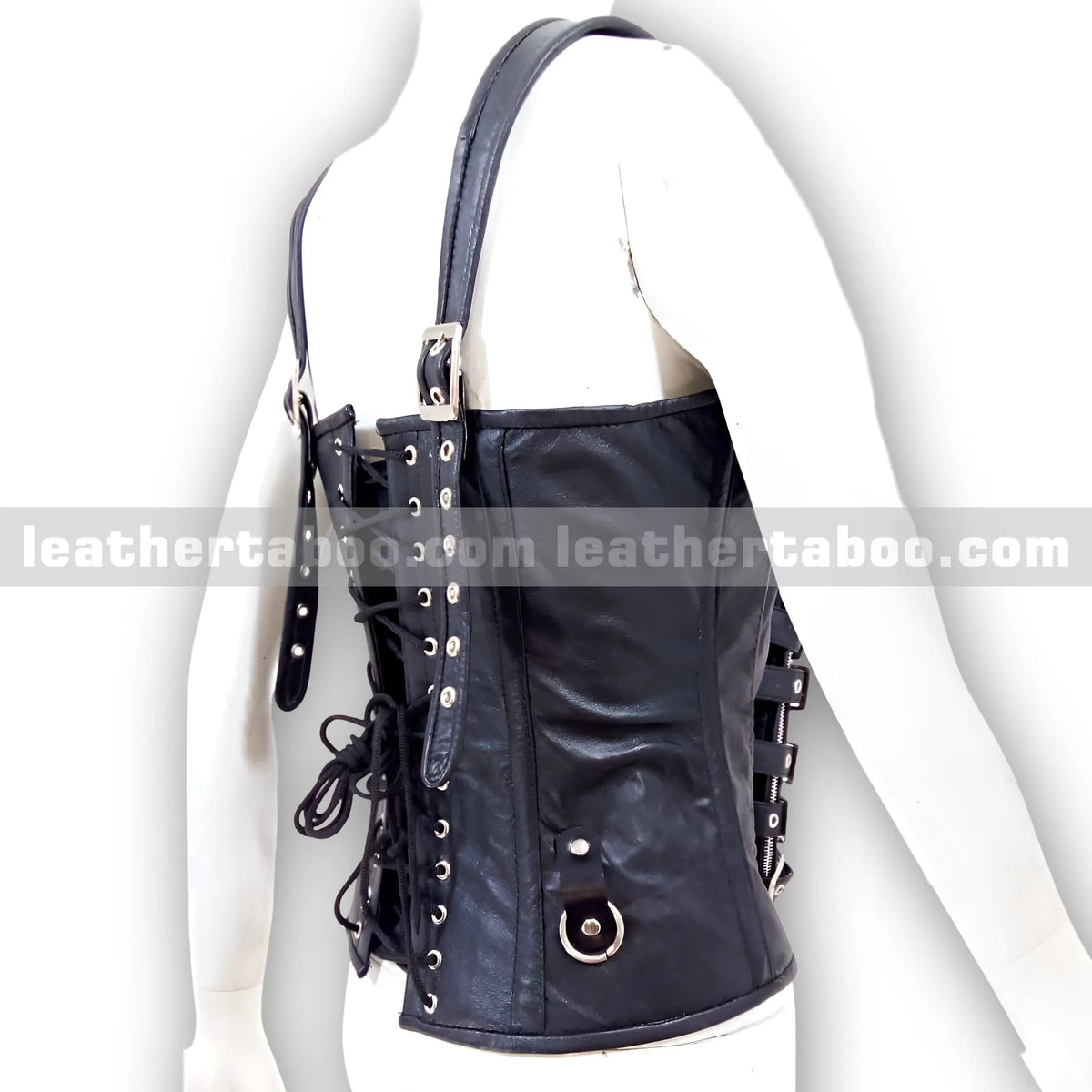 Women's Black Premium Sheepskin Leather Corset Top – Buckled Front with Zip & Adjustable Lace-Up Back for Events, Cosplay, Styling - Leather taboo