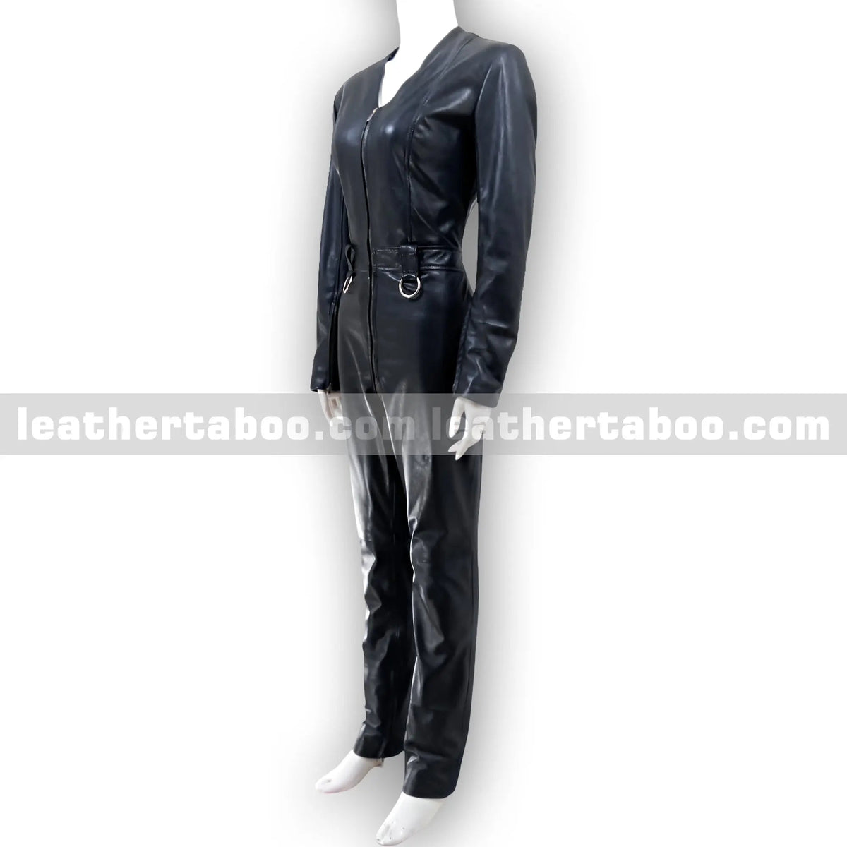 Women's Premium Sheepskin Leather Jumpsuit – Black Full-Body Zipper Suit with Ring Accents for Styling, Cosplay & Fashion Events - Leather taboo