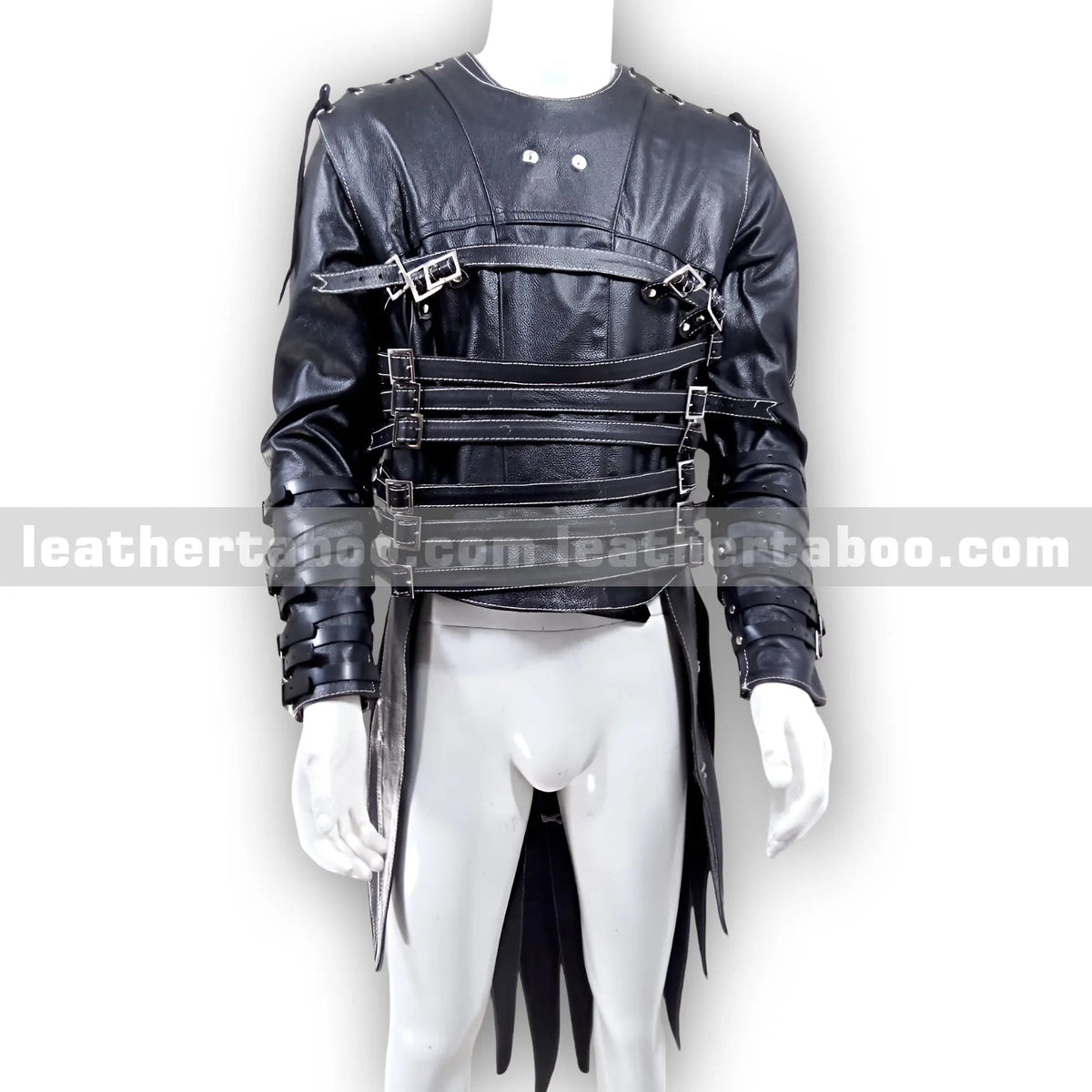 Premium Cowhide Leather Buckled Jacket for Men – Black Structured Design with Adjustable Straps and Shoulder Accents - Leather taboo