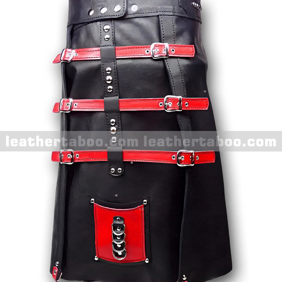 Unisex Premium Sheepskin Leather Black Skirt with Red Buckle Straps | Adjustable Waist Skirt for Fashion & Statement Wear - Leather taboo