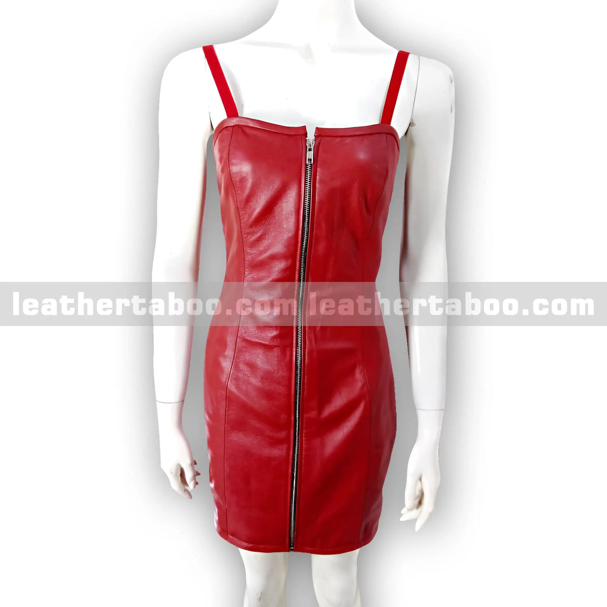 Women’s Red Sheepskin Leather Bodycon Dress with Adjustable Straps and Full Front Zipper – Elegant Fitted Party Outfit - Leather taboo