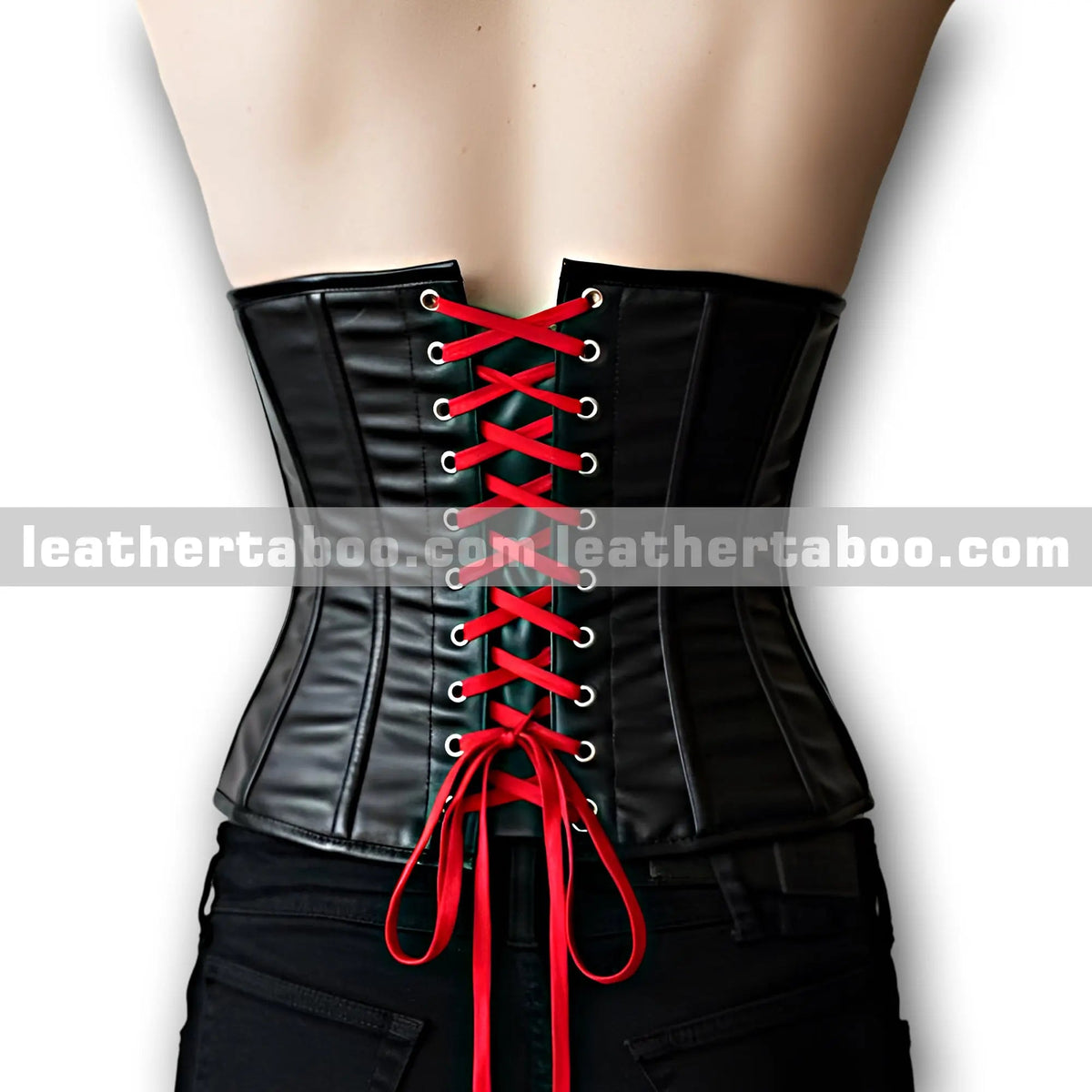 Women’s Luxury Black Leather Corset Top with Red Lace-Up Design, Supportive Boning and Contoured Slim Fit - Leather taboo