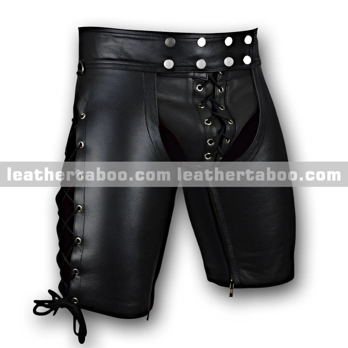 Men's Premium Sheepskin Leather Boxer Shorts – Lace-Up Front, Side Lacing, Snap Waist, Zippered Inseam, Mid-Thigh Fit - Leather taboo