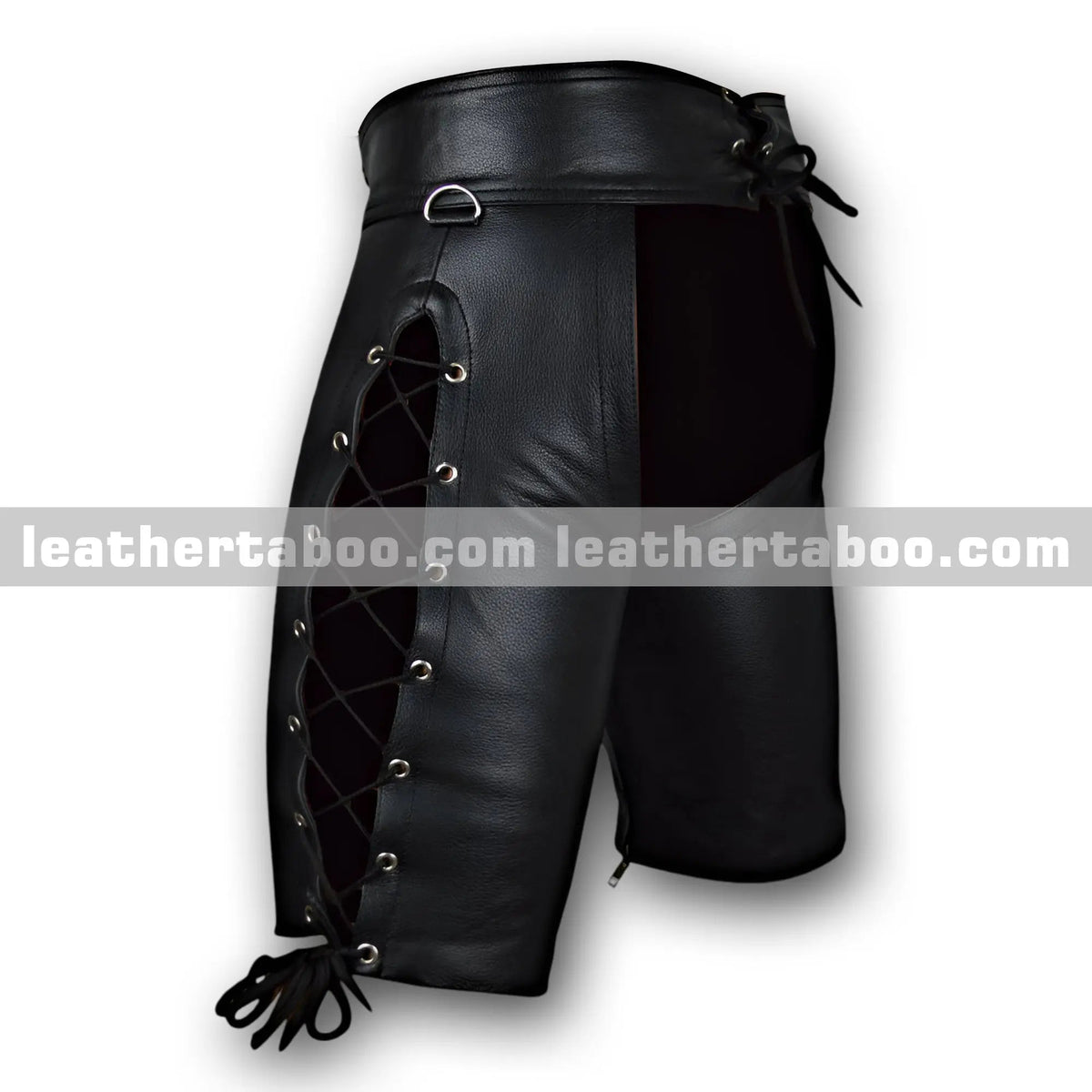 Men's Premium Sheepskin Leather Boxer Shorts – Lace-Up Front, Side Lacing, Snap Waist, Zippered Inseam, Mid-Thigh Fit - Leather taboo
