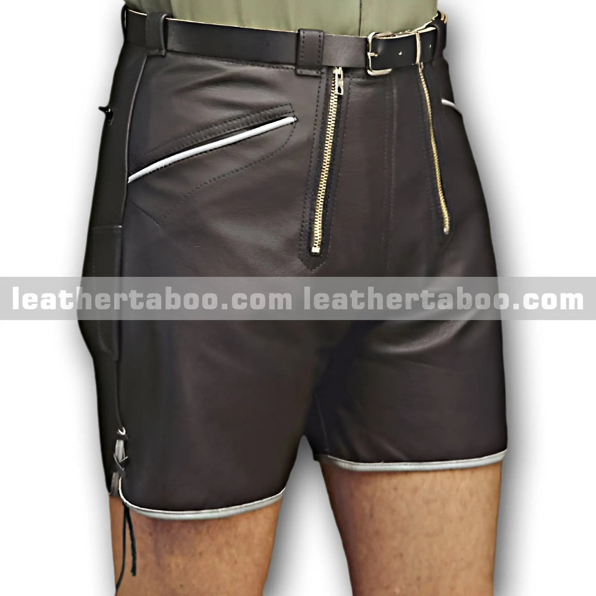 Men's Sheepskin Leather Shorts with Front Zippers and Side Laces – Dark Finish, Belt Loops, Contrast Trim, Edgy Streetwear - Leather taboo