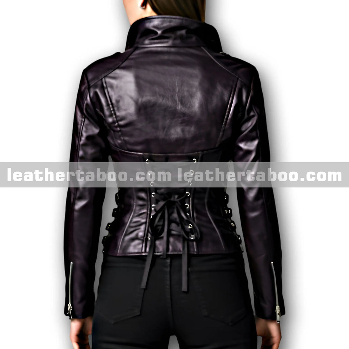 Women’s Sheepskin Leather Corset Jacket with Lace-Up Back and Buckles – Deep Purple, Zippered Cuffs, Fitted Waist Design - Leather taboo