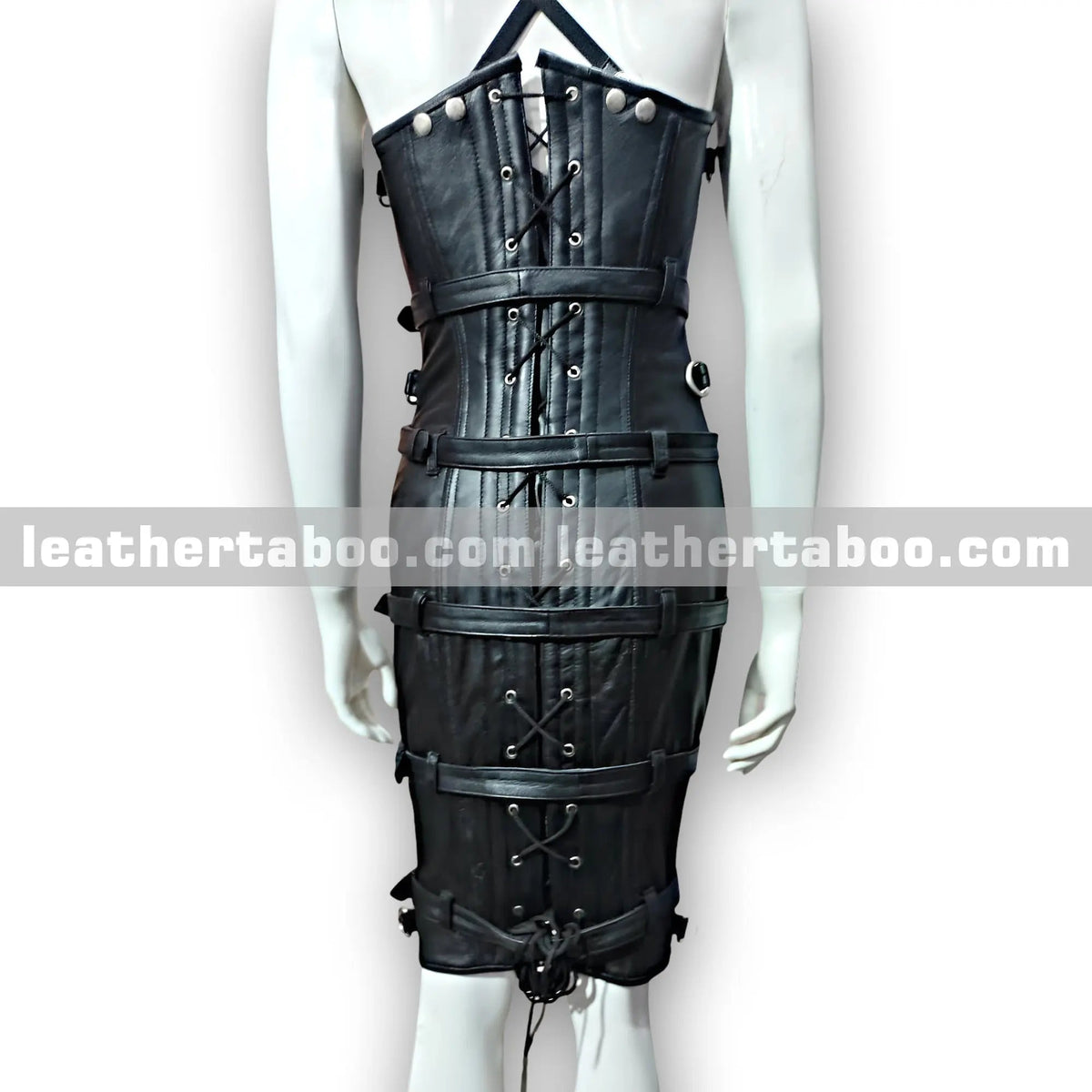 Women’s Premium Sheepskin Leather Buckled Dress with Front Zipper, Lace-Up Back, and Adjustable Fit – Bold Bodycon Style - Leather taboo