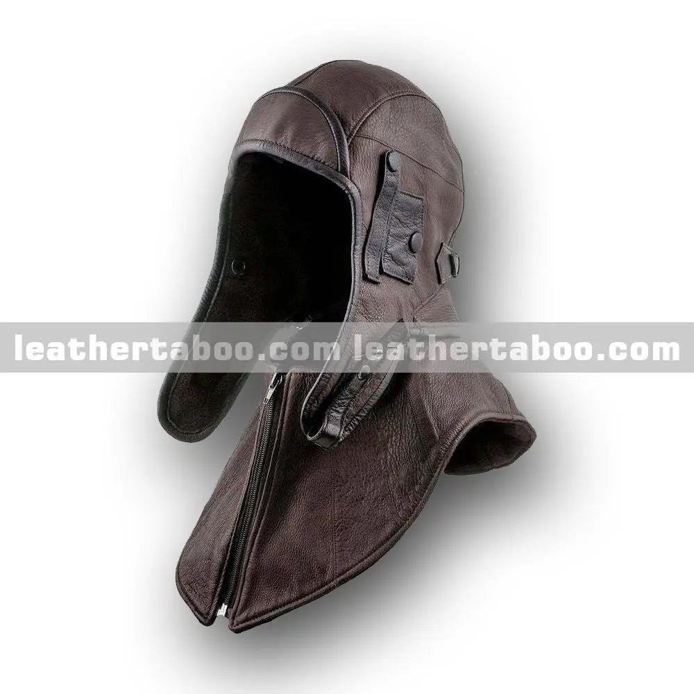Brown Sheepskin Leather Hooded Helmet with Face Shield and Zippered Collar – Full Head Protective Design for Themed Wear - Leather taboo