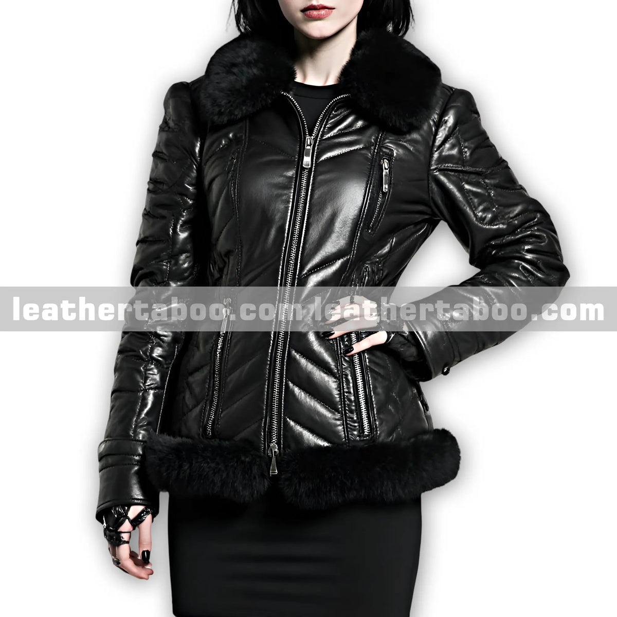 Women’s Premium Black Sheepskin Leather Jacket with Faux Fur Collar & Hem, collar detail