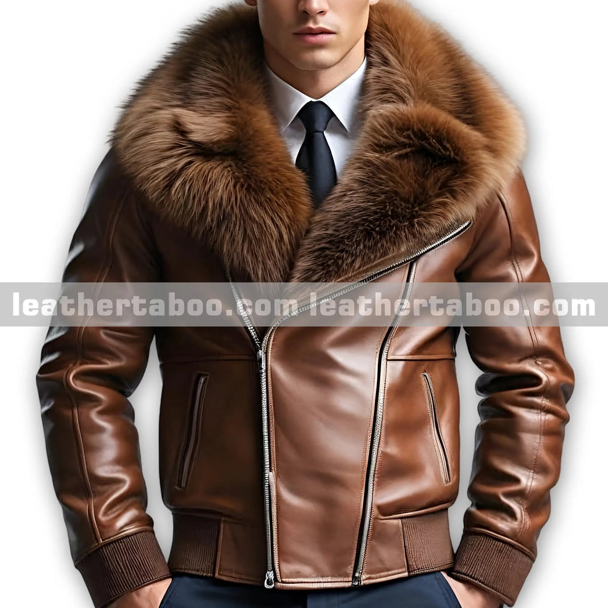 Men’s Brown Sheepskin Leather Jacket with Faux Fur Collar – Classic Bomber Coat – Elegant Winter Outerwear - Leather taboo