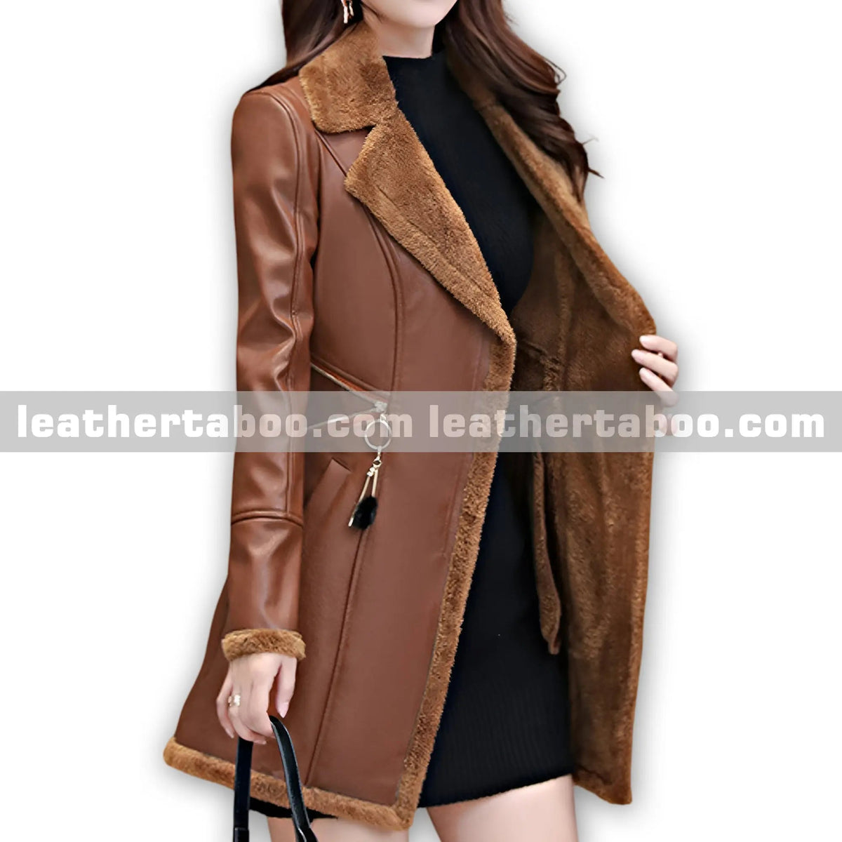 Women’s Brown Sheepskin Leather Coat – Lapel Collar Sherpa Shearling Faux Fur Lined Warm Classic Trench Style Jacket - Leather taboo
