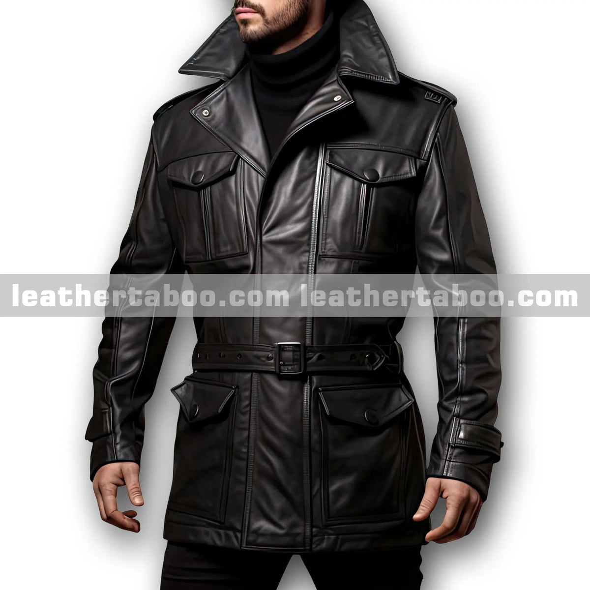 Men’s Black Genuine Cowhide Notched Lapel Collar Fashionable Formal Outfit Belted Smooth Zip-up Mid Length Leather Coat - Leather taboo