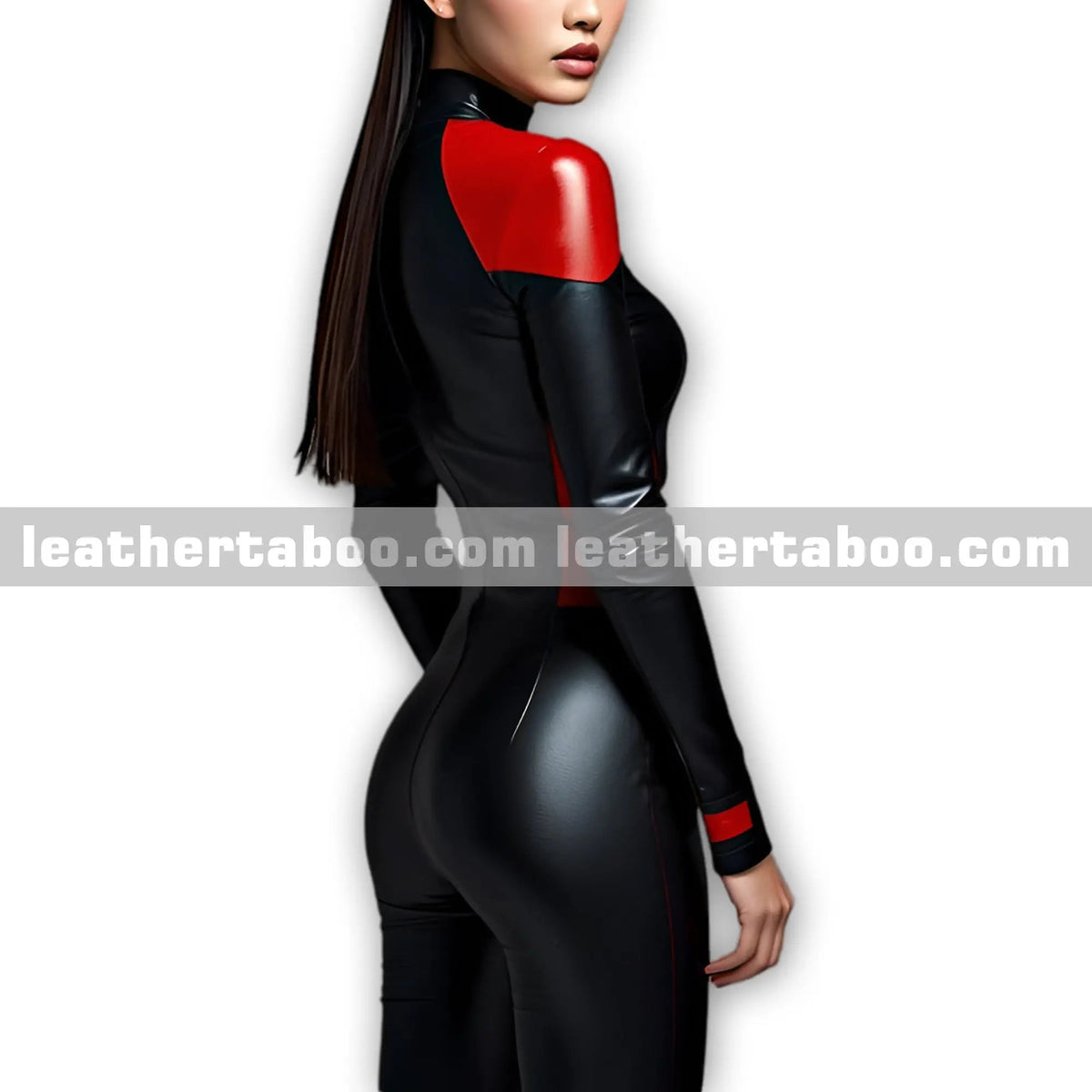 Premium Women’s Black & Red Sheepskin Leather Long Sleeve Catsuit - Stylish Slim Fit One Piece Jumpsuit