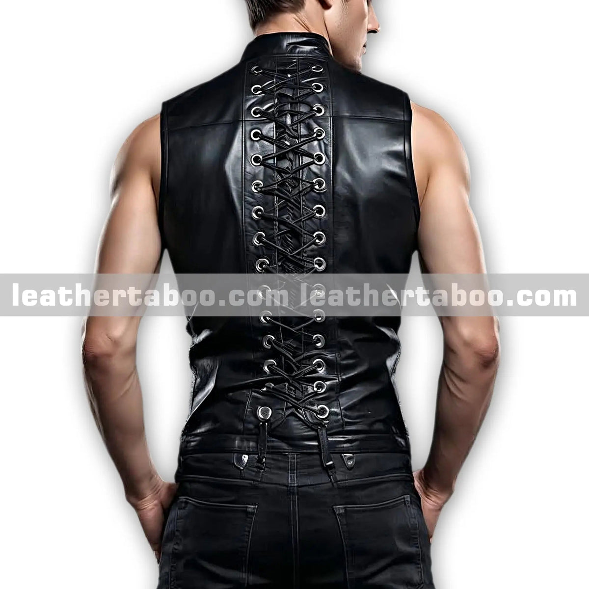 Men’s Black Sheepskin Stylish Sleeveless Leather Vest with Zipper and Adjustable Back Lacing Outfit