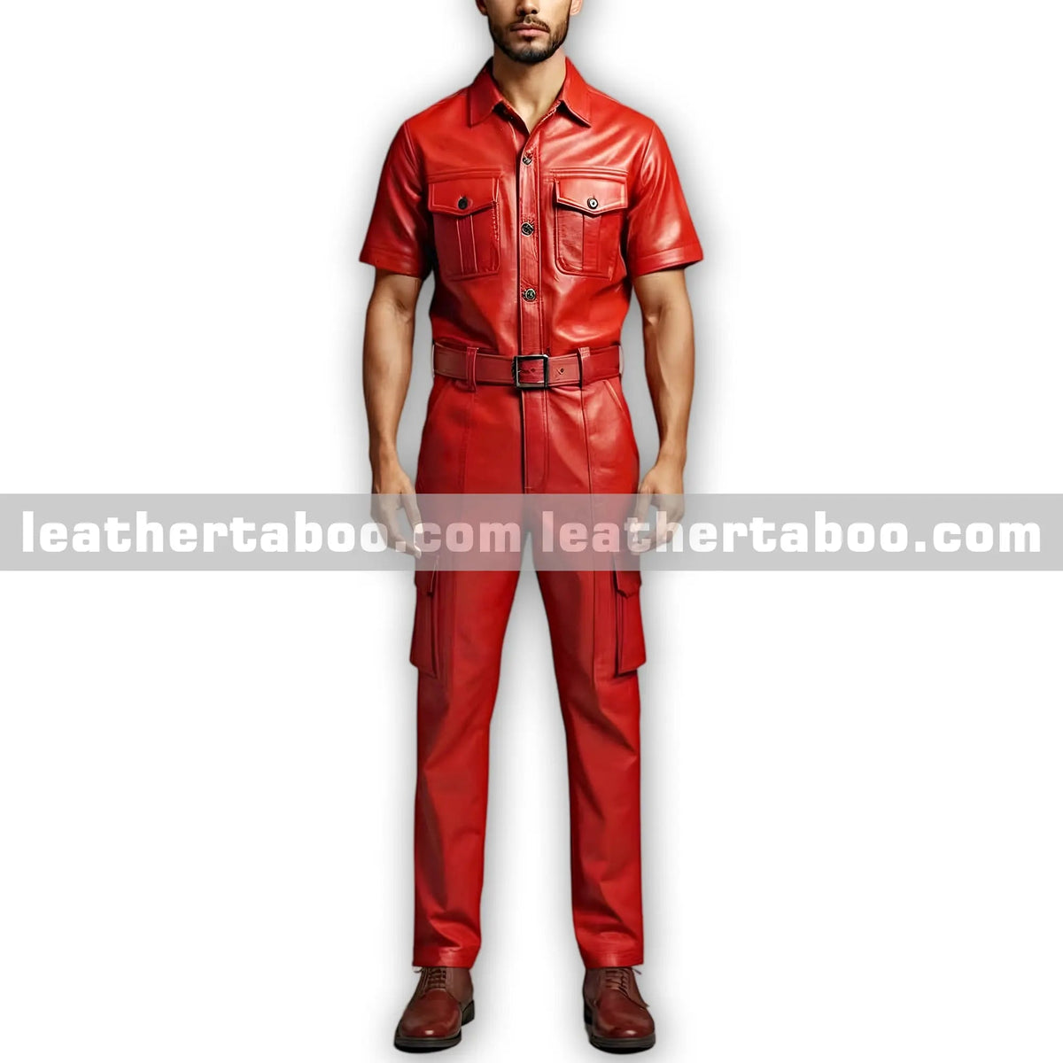 Men’s Premium Sheepskin Red Leather Belted Coverall Jumpsuit with Short Sleeves
