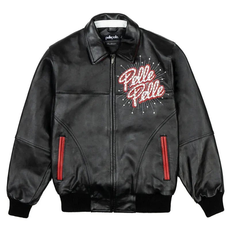 Men's Black Premium Cowhide Leather Jacket – Pelle Pelle Style with Red Trim & Embroidered Logo - Leather taboo